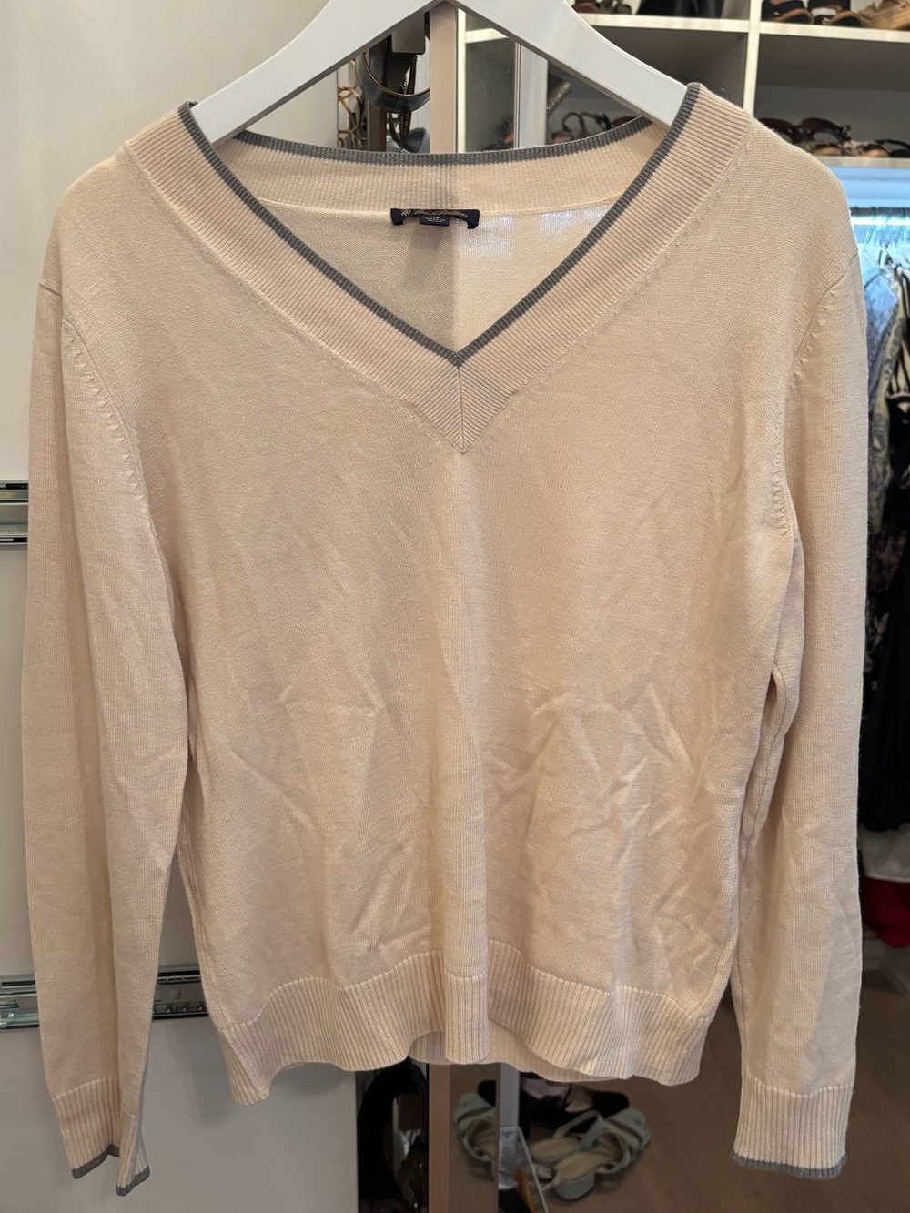 Brooks Brothers Cream V-Neck Sweater with Gray Trim at neck and cuffs.